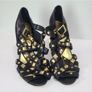 SAKS FIFTH AVENUE "Tristi" Black Leather Open Toe Pumps Heels Gold Studs Size 10